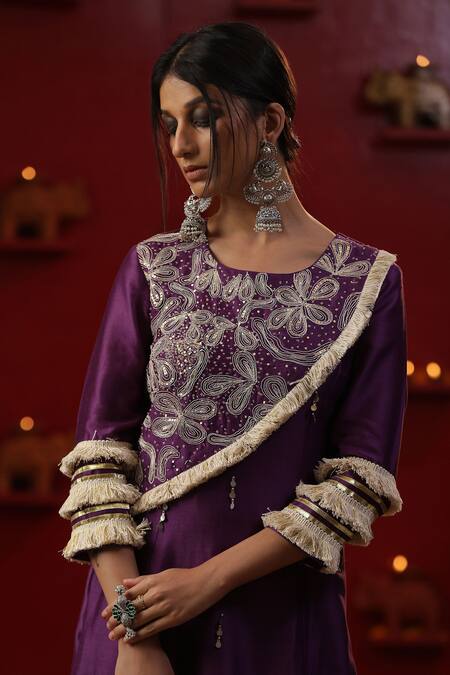 Shop Arpita Sulakshana Purple Cotton, Silk, Crepe, Sequins, Tassels, A-line Kurta Set Shop_Arpita Sulakshana_Purple Cotton, Silk, Crepe, Sequins, Tassels, A-line Kurta Set