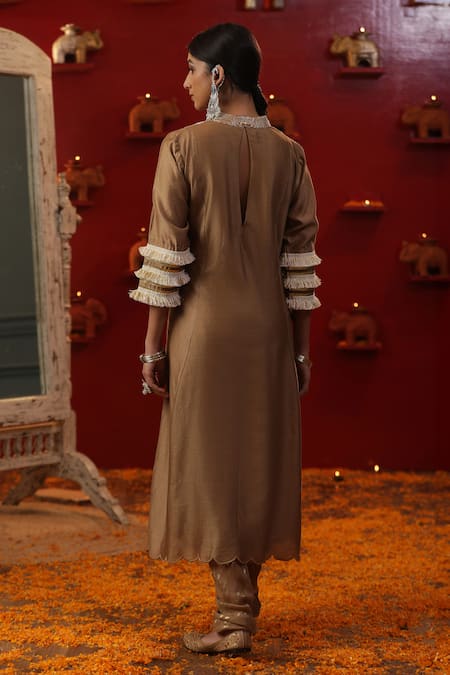 Shop_Arpita Sulakshana_Gold Cotton, Silk, Sequins, Tassels, Dori A-line Kurta Set _at_Aza_Fashions