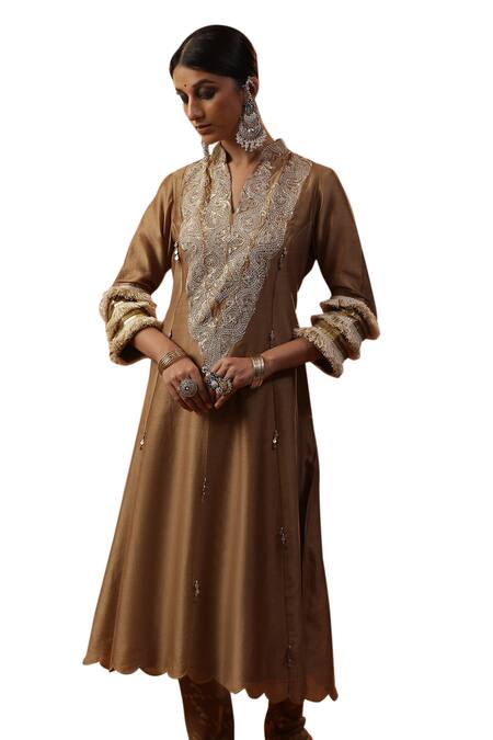 Buy Arpita Sulakshana Gold Cotton, Silk, Sequins, Tassels, Dori A-line Kurta Set Online at Aza Fashions Buy_Arpita Sulakshana_Gold Cotton, Silk, Sequins, Tassels, Dori A-line Kurta Set _Online_at_Aza_Fashions