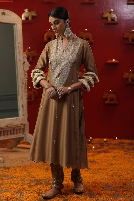 Shop_Arpita Sulakshana_Gold Cotton, Silk, Sequins, Tassels, Dori A-line Kurta Set _Online_at_Aza_Fashions