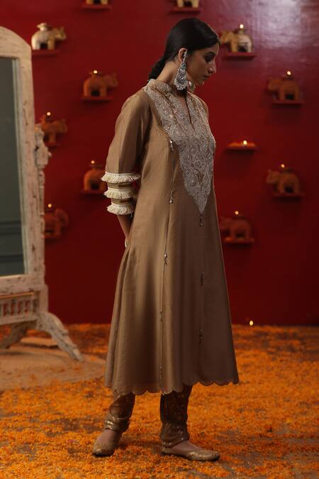 Arpita Sulakshana_Gold Cotton, Silk, Sequins, Tassels, Dori A-line Kurta Set _at_Aza_Fashions