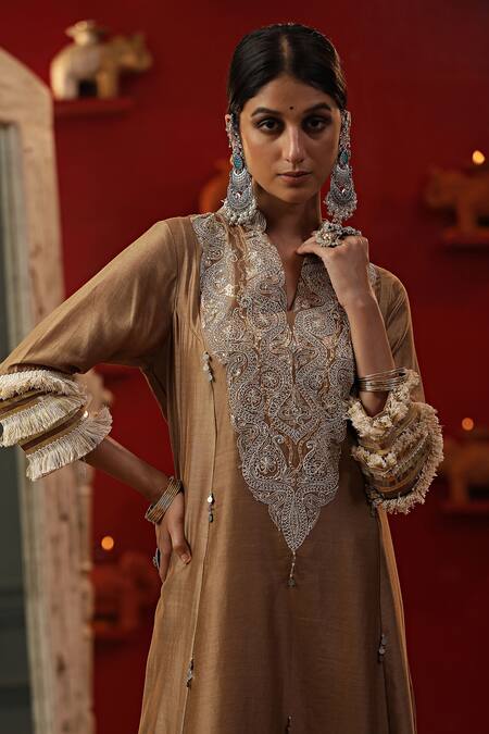 Buy_Arpita Sulakshana_Gold Cotton, Silk, Sequins, Tassels, Dori A-line Kurta Set 
