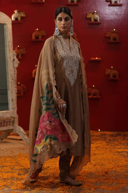 Shop Arpita Sulakshana Gold Cotton, Silk, Sequins, Tassels, Dori A-line Kurta Set Shop_Arpita Sulakshana_Gold Cotton, Silk, Sequins, Tassels, Dori A-line Kurta Set