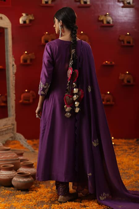 Shop_Arpita Sulakshana_Purple Cotton, Chanderi Silk, Crepe Cut Floral Embroidered A-line Angarkha Set _at_Aza_Fashions