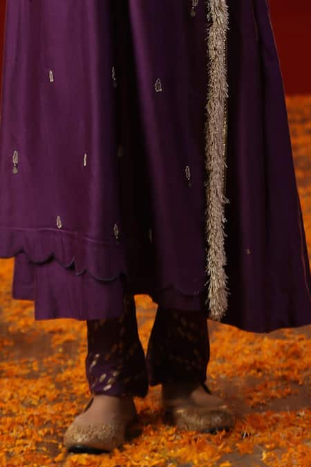 Arpita Sulakshana Purple Cotton, Chanderi Silk, Crepe Cut Floral Embroidered A-line Angarkha Set Online at Aza Fashions Arpita Sulakshana_Purple Cotton, Chanderi Silk, Crepe Cut Floral Embroidered A-line Angarkha Set _Online_at_Aza_Fashions