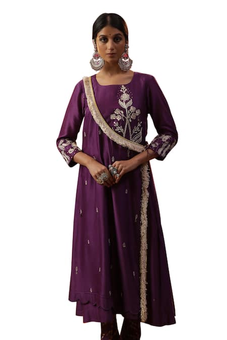 Buy Arpita Sulakshana Purple Cotton, Chanderi Silk, Crepe Cut Floral Embroidered A-line Angarkha Set Online at Aza Fashions Buy_Arpita Sulakshana_Purple Cotton, Chanderi Silk, Crepe Cut Floral Embroidered A-line Angarkha Set _Online_at_Aza_Fashions