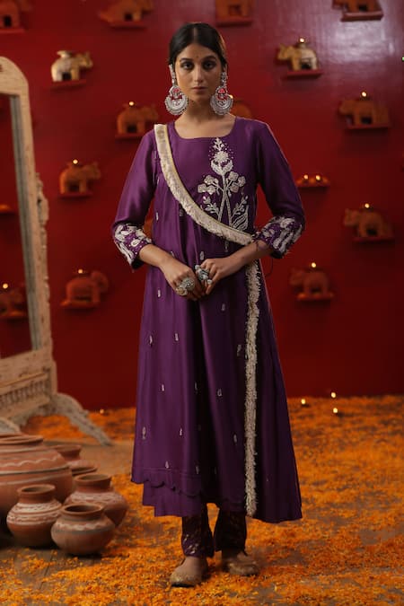 Shop_Arpita Sulakshana_Purple Cotton, Chanderi Silk, Crepe Cut Floral Embroidered A-line Angarkha Set _Online_at_Aza_Fashions