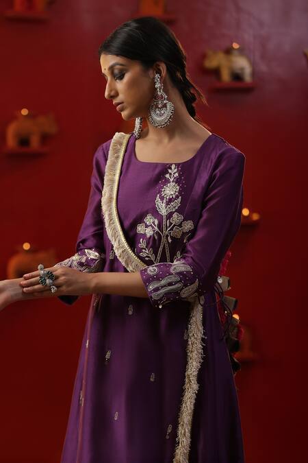 Arpita Sulakshana_Purple Cotton, Chanderi Silk, Crepe Cut Floral Embroidered A-line Angarkha Set _at_Aza_Fashions