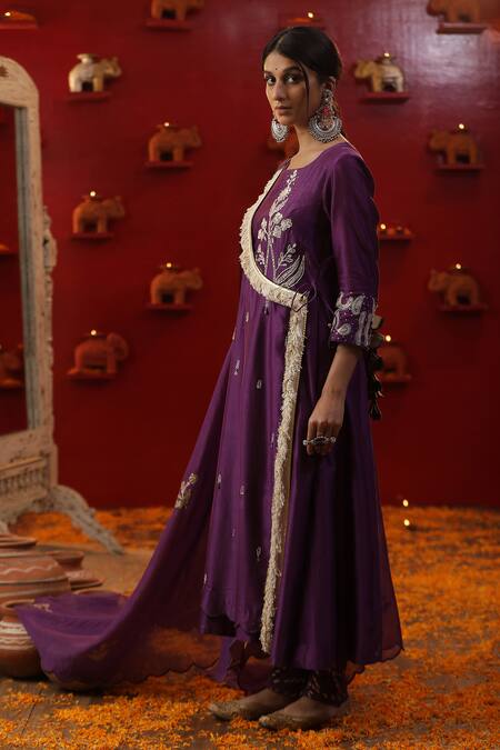 Buy_Arpita Sulakshana_Purple Cotton, Chanderi Silk, Crepe Cut Floral Embroidered A-line Angarkha Set 