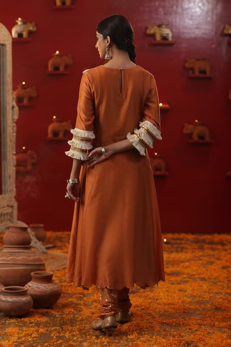 Shop_Arpita Sulakshana_Orange Cotton, Silk, Crepe, Embroidery Sequin Yoke Kurta Set _at_Aza_Fashions