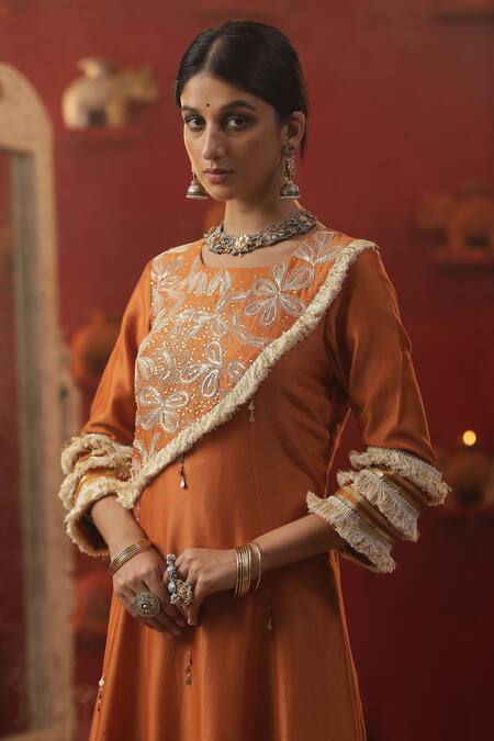Arpita Sulakshana_Orange Cotton, Silk, Crepe, Embroidery Sequin Yoke Kurta Set _Online_at_Aza_Fashions