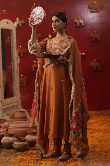 Buy_Arpita Sulakshana_Orange Cotton, Silk, Crepe, Embroidery Sequin Yoke Kurta Set _Online_at_Aza_Fashions