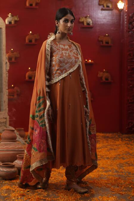 Buy_Arpita Sulakshana_Orange Cotton, Silk, Crepe, Embroidery Sequin Yoke Kurta Set 
