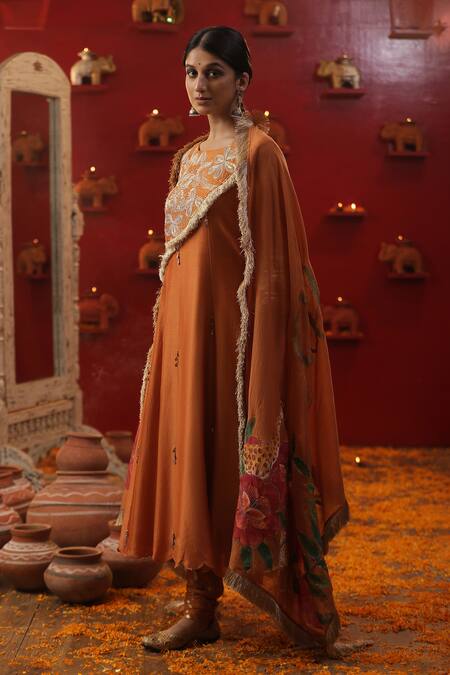 Shop Arpita Sulakshana Orange Cotton, Silk, Crepe, Embroidery Sequin Yoke Kurta Set Shop_Arpita Sulakshana_Orange Cotton, Silk, Crepe, Embroidery Sequin Yoke Kurta Set
