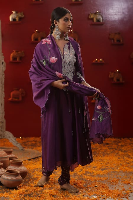 Shop_Arpita Sulakshana_Purple Cotton, Silk, Zari, Embroidery Zardozi Kurta Set _at_Aza_Fashions