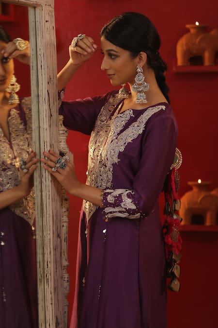 Arpita Sulakshana_Purple Cotton, Silk, Zari, Embroidery Zardozi Kurta Set _Online_at_Aza_Fashions