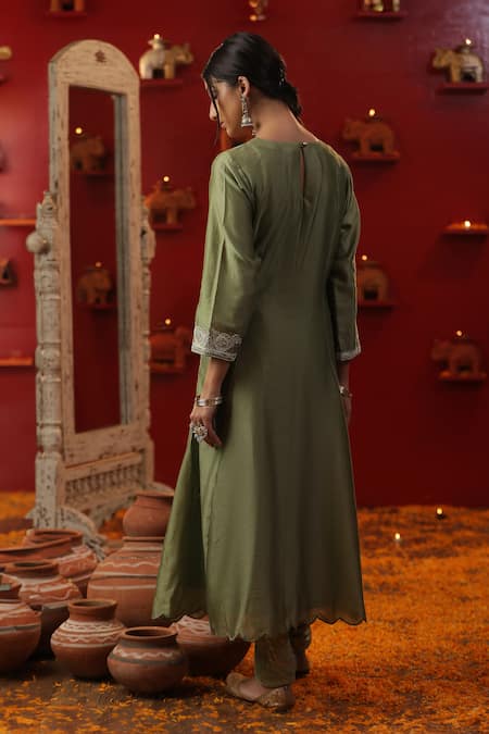 Shop_Arpita Sulakshana_Green Cotton, Chanderi Silk, Crepe Embroidery, Sequins, Dori Neckline Kurta Set _at_Aza_Fashions
