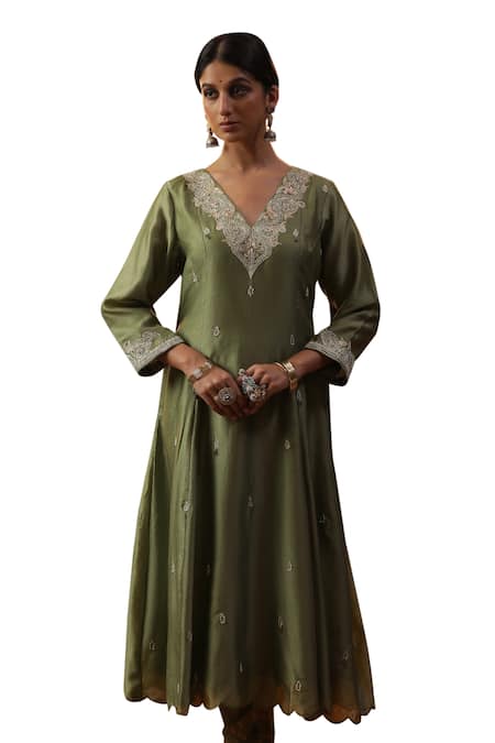 Shop Arpita Sulakshana Green Cotton, Chanderi Silk, Crepe Embroidery, Sequins, Dori Neckline Kurta Set Online at Aza Fashions Shop_Arpita Sulakshana_Green Cotton, Chanderi Silk, Crepe Embroidery, Sequins, Dori Neckline Kurta Set _Online_at_Aza_Fashions