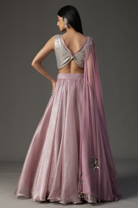 Shop_Arpita Sulakshana_Purple Organza, Crepe Sequins, Embroidery, Cut Work, Applique Blouse Lehenga Set _at_Aza_Fashions