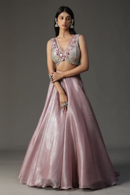 Buy_Arpita Sulakshana_Purple Organza, Crepe Sequins, Embroidery, Cut Work, Applique Blouse Lehenga Set _Online_at_Aza_Fashions