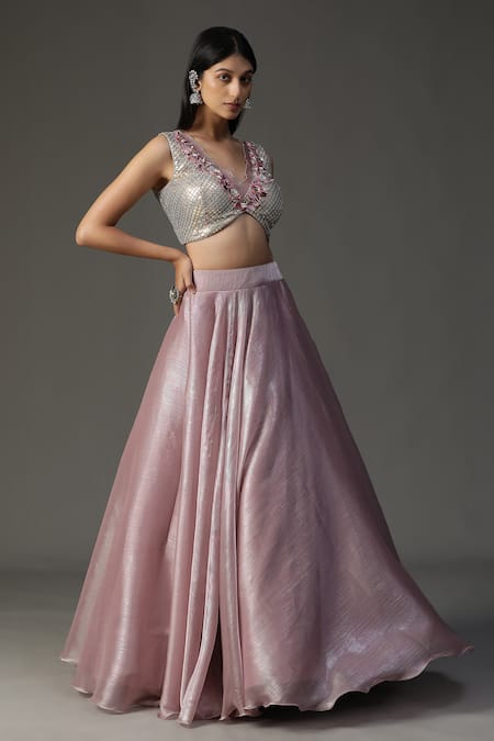 Shop_Arpita Sulakshana_Purple Organza, Crepe Sequins, Embroidery, Cut Work, Applique Blouse Lehenga Set _Online_at_Aza_Fashions