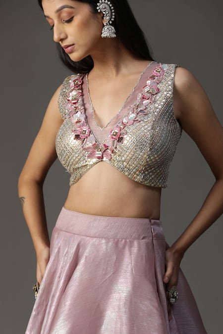 Arpita Sulakshana_Purple Organza, Crepe Sequins, Embroidery, Cut Work, Applique Blouse Lehenga Set _at_Aza_Fashions