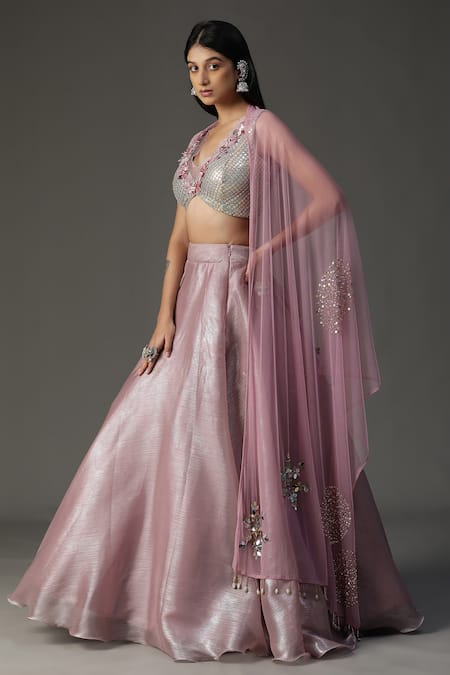 Buy_Arpita Sulakshana_Purple Organza, Crepe Sequins, Embroidery, Cut Work, Applique Blouse Lehenga Set 