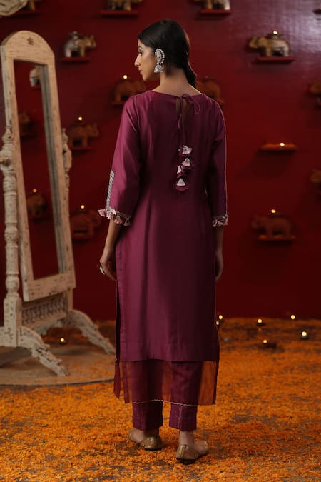 Shop_Arpita Sulakshana_Wine Cotton, Chanderi Silk, Crepe Zari, Bird Hand Painted Kurta And Pant Set _at_Aza_Fashions