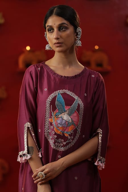 Shop_Arpita Sulakshana_Wine Cotton, Chanderi Silk, Crepe Zari, Bird Hand Painted Kurta And Pant Set _Online_at_Aza_Fashions