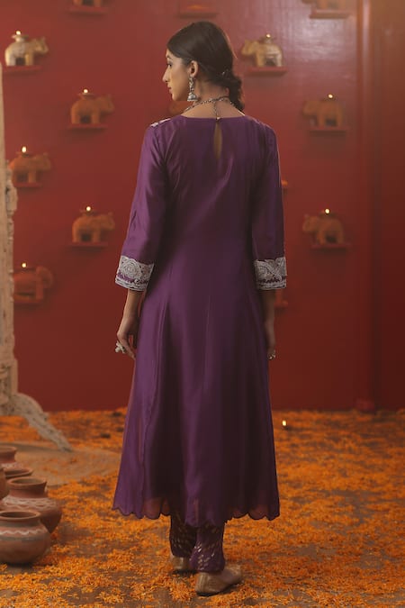 Shop_Arpita Sulakshana_Purple Cotton, Chanderi Silk, Crepe Zari Split Zardozi Embroidered Anarkali Set _at_Aza_Fashions