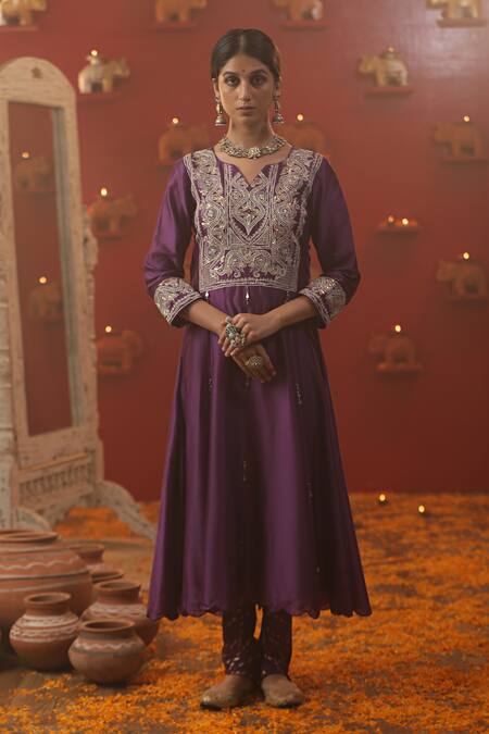 Buy_Arpita Sulakshana_Purple Cotton, Chanderi Silk, Crepe Zari Split Zardozi Embroidered Anarkali Set _Online_at_Aza_Fashions