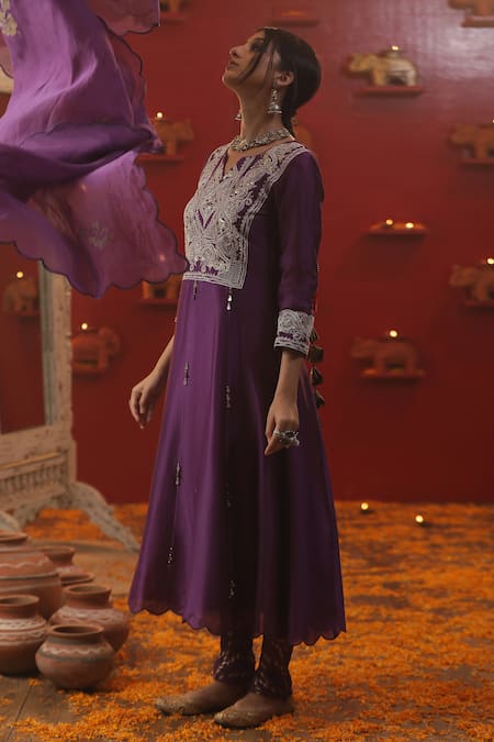Shop_Arpita Sulakshana_Purple Cotton, Chanderi Silk, Crepe Zari Split Zardozi Embroidered Anarkali Set _Online_at_Aza_Fashions
