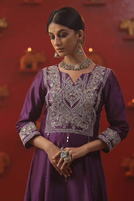 Arpita Sulakshana_Purple Cotton, Chanderi Silk, Crepe Zari Split Zardozi Embroidered Anarkali Set _at_Aza_Fashions