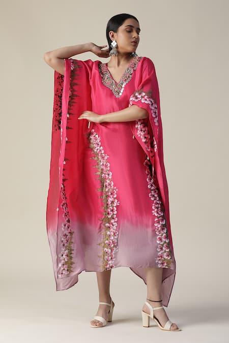 Arpita Sulakshana_Pink Georgette, Crepe Sequins, Beads Flower Handpainted Asymmetric Ombre Kaftan _Online_at_Aza_Fashions