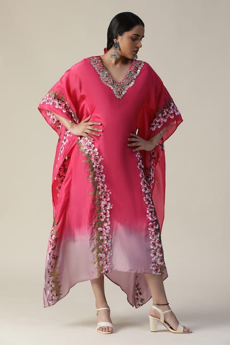 Buy_Arpita Sulakshana_Pink Georgette, Crepe Sequins, Beads Flower Handpainted Asymmetric Ombre Kaftan _Online_at_Aza_Fashions