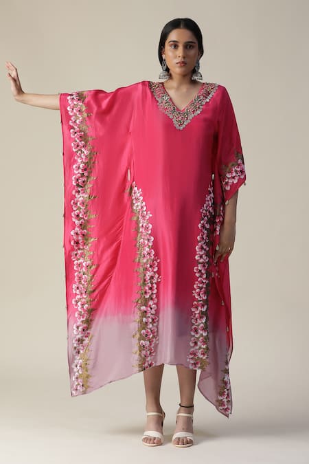 Shop_Arpita Sulakshana_Pink Georgette, Crepe Sequins, Beads Flower Handpainted Asymmetric Ombre Kaftan _Online_at_Aza_Fashions