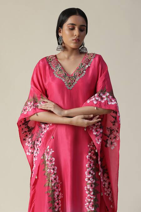 Arpita Sulakshana_Pink Georgette, Crepe Sequins, Beads Flower Handpainted Asymmetric Ombre Kaftan _at_Aza_Fashions