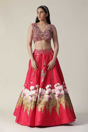 Arpita Sulakshana_Red Silk, Crepe, Net Sequins, Beads, Handpainted Floral Embellished Lehenga Set _Online_at_Aza_Fashions