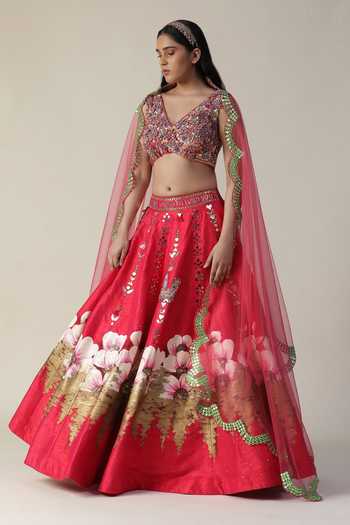 Buy_Arpita Sulakshana_Red Silk, Crepe, Net Sequins, Beads, Handpainted Floral Embellished Lehenga Set _Online_at_Aza_Fashions