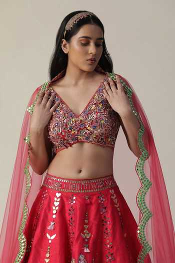 Shop_Arpita Sulakshana_Red Silk, Crepe, Net Sequins, Beads, Handpainted Floral Embellished Lehenga Set _Online_at_Aza_Fashions