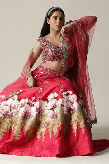 Arpita Sulakshana_Red Silk, Crepe, Net Sequins, Beads, Handpainted Floral Embellished Lehenga Set _at_Aza_Fashions