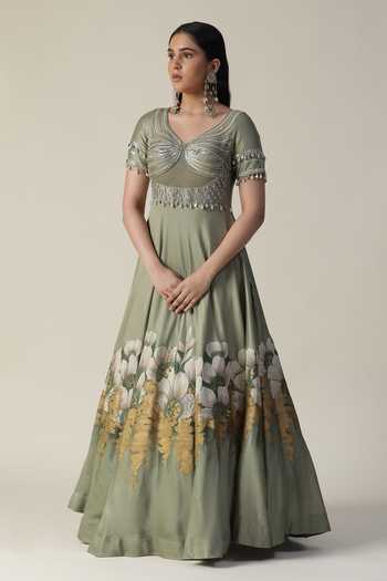 Arpita Sulakshana_Green Silk, Crepe Sequins, Beads Round Handpainted Floral Embellished Anarkali _Online_at_Aza_Fashions