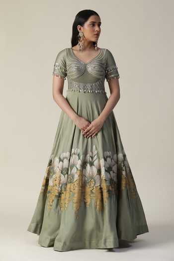 Buy_Arpita Sulakshana_Green Silk, Crepe Sequins, Beads Round Handpainted Floral Embellished Anarkali _Online_at_Aza_Fashions