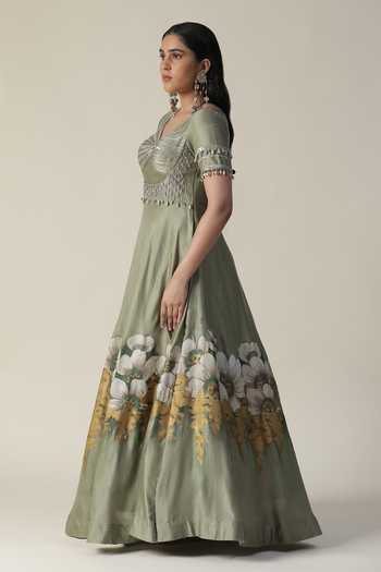 Shop_Arpita Sulakshana_Green Silk, Crepe Sequins, Beads Round Handpainted Floral Embellished Anarkali _Online_at_Aza_Fashions