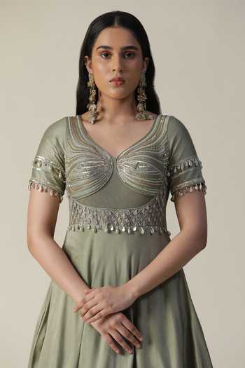 Arpita Sulakshana_Green Silk, Crepe Sequins, Beads Round Handpainted Floral Embellished Anarkali _at_Aza_Fashions