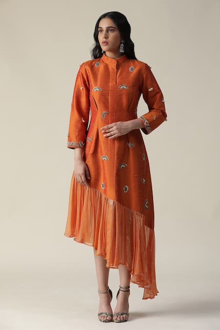 arpita sulakshana Orange Raw Silk Embellished Sequin Mandarin Collar Asymmetric Tunic 