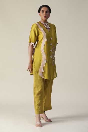 Arpita Sulakshana_Green Chanderi Silk, Crepe Beads, Mandala Side Embroidered Tunic With Pant _at_Aza_Fashions