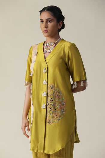 Shop_Arpita Sulakshana_Green Chanderi Silk, Crepe Beads, Mandala Side Embroidered Tunic With Pant 