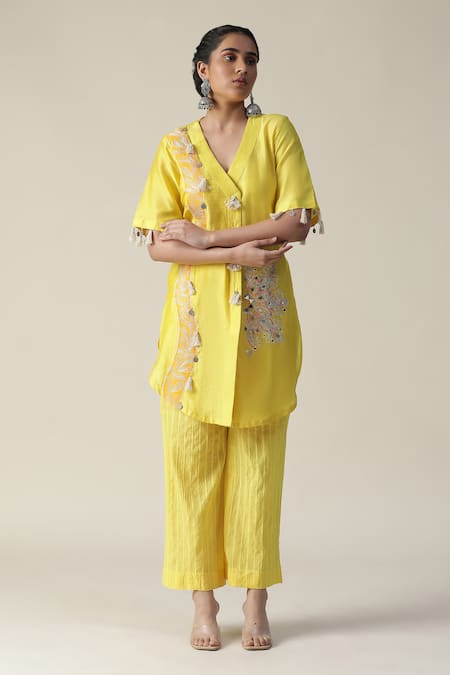 Buy_Arpita Sulakshana_Yellow Chanderi Silk, Linen, Crepe Beads, Mandala Embroidered Tunic With Pant _Online_at_Aza_Fashions