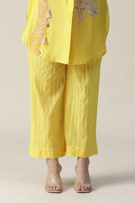 Shop_Arpita Sulakshana_Yellow Chanderi Silk, Linen, Crepe Beads, Mandala Embroidered Tunic With Pant _Online_at_Aza_Fashions